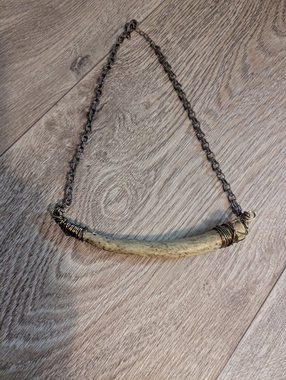 Handcrafted  Deer Antler Necklace - Natural Beige and Antiqued Brass Chain